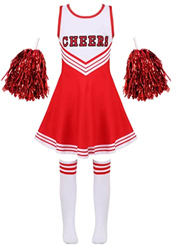 Mufeng Fantaisie Uniforme de Pompom Girl Filles Déguisement Pompom Girls Filles Ensembles Cosplay Robes sans Manches Costume Cheerleading Dansewear Rouge 7-8 ans