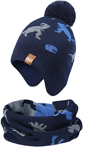 Adorel Jungen Mütze Loop Schal Set Gefüttert Wintermütze Dino Dunkelblau 4-6 Jahre (Herstellergröße M)