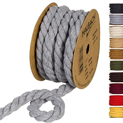 Halbach Seidenbänder Cordón de algodón Reciclado, Ancho: 10 mm/Longitud 4 m, Hilo de algodón sostenible para macramé, cordón Natural para Manualidades, Color: Gris