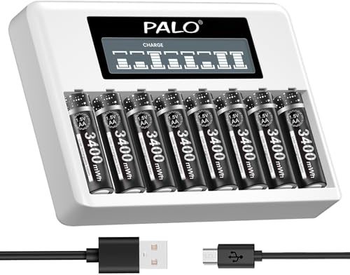 Palogreen Pilas Recargables AA con Cargador LCD - 8*AA 3400mWh Li-Ion baterías Recargables con 8 Ranuras Independientes Cargador Universal Carga Rápida con Tipo C/Micro USB
