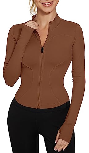 LUYAA Veste d'entraînement légère à fermeture éclair pour femme - Veste de yoga courte athlétique coupe ajustée, marron, Medium