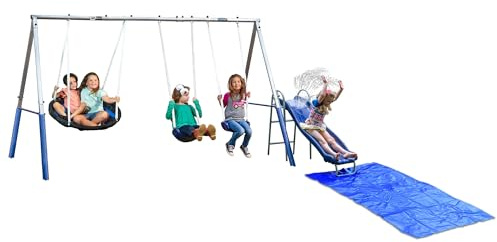 XDP Recreation Aqua Play Outdoor Park with Super Disc Swing, Water Wave Slide, Adjustable Non-Slip Swing Seat, and Padded Frame Legs, Silver/Blue