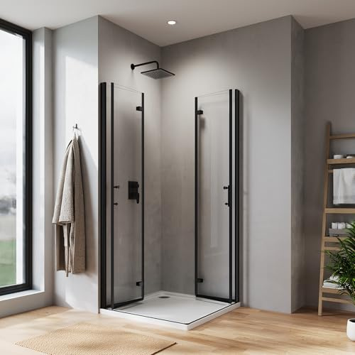 Sonni Cabina de ducha de 80 x 80 cm, color negro, puerta plegable de 180º, mampara de ducha Nano de 6 mm, altura de 195 cm, puerta plegable