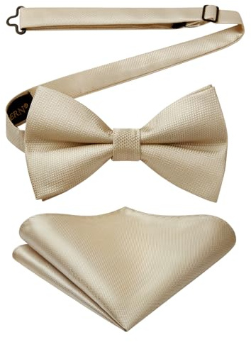 HISDERN Pajarita Hombre Beige Elegante Pre-atado y Ajustable Pajarita y Pañuelo de Bolsillo para Boda Formal Fiesta y Graduación