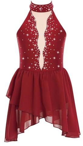 Freebily Vestito da Pattinaggio Artistico Bambina Senza Maniche Abito da Balletto Ballo Lirico Contemporaneo Collo Halter Strass Leotards Body da Danza Classica Ginnastica Borgogna 11-12 Anni