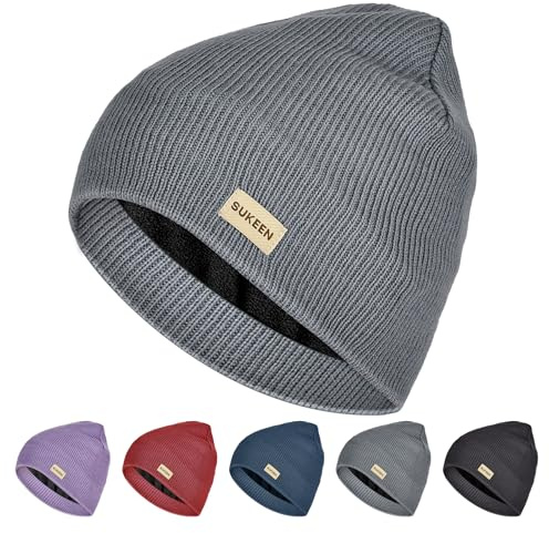 Sukeen Water-Repellent Windproof Beanie Winter Hat Men Women Hat Men's Knitted Hat Warm Beanie Hat with Polar Fleece Warm Lining, Classic Unisex Knitted Hat for Outdoor Sports Running Cycling-Grey