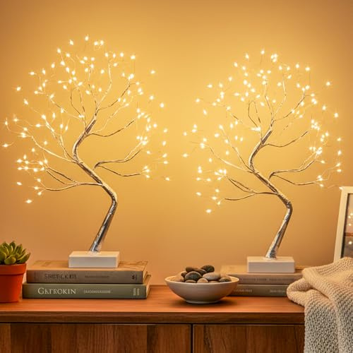 DELICHTER Albero luminoso da 2 pezzi con 108 LED bianco caldo, decorazione natalizia illuminata con 8 modalità di illuminazione e timer, regali di pasqua per matrimonio, festa, interni, argento 45 cm