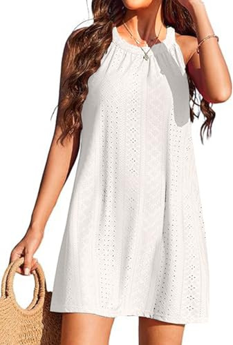 Vestido de Playa para Mujer Sin Mangas Cuello en V con Bolsillos Suelto Ropa de Baño Mujer Suelto Vestido de Playa Gasa Ropa de Baño con Borla Verano Traje de Baño Bikini Cover Up