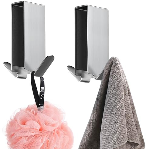 Hshenjhu 2 Piezas Acero Inox Gancho de Ducha, Colgador Toalla Baño, Gancho de Ducha sin Taladrar para Puerta de Vidrio, para Baño Toallas Colgar, Apta para Vidrios Sin Marco de 6-12mm, Plateado
