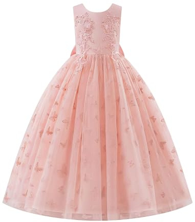 IWEMEK Robe De Mariee Enfant Fille sans Manches Robe Tulle Fille Bapteme de Communion d'anniversaire du Soir Anniversaire Fête de Mariée avec Broderie Papillon Rose 150cm