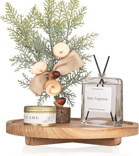 Round Decorative Tray Wood Bathroom Counter Organizer Farmhouse Kitchen Decor Wooden Riser for Soap Dish, Perfume, Candle, Sponge, 10 (Brown, 10)