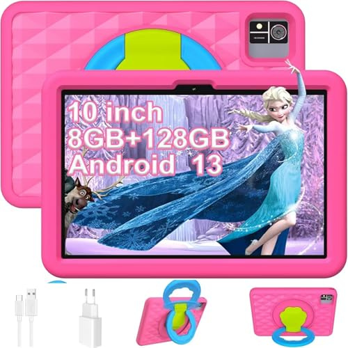 YOBWOK Tablet Niños 10 Pulgadas, Android 13 para Niños de 5 a 7 Años,8GB+128GB(Mpliable 128GB), 6000mAh,Control Parental, Bluetooth,WiFi Educativa con Funda EVA,Rosa