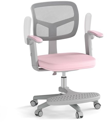 COSTWAY Sedia da Scrivania Bambini Girevole, Altezza Regolabile, Sedia da Studio per Ragazzi con Braccioli a Ribalta e Poggiapiedi, Poltrocina in Rete per Bambini 3-15 Anni, Portata 150 kg (Rosa)