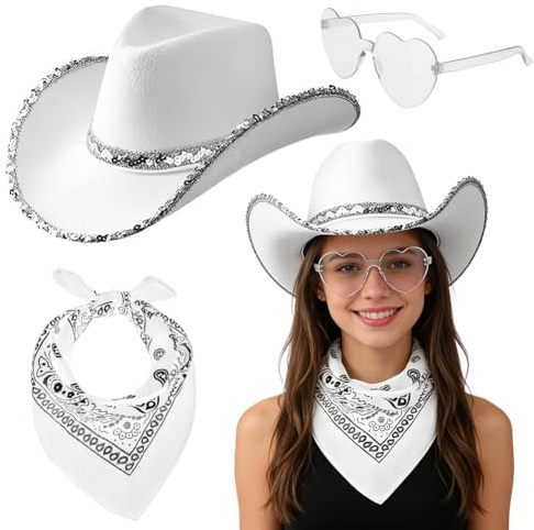 JynxtoyZeal Cowboy Hats Dress-Up Set, 3pcs Sequins Cowboy Hats with Bandanas and Glasses, Valentine's Day Gift - Western Fancy Dress for Hen Parties, Stag Dos, Carnival & Themed Events (White)