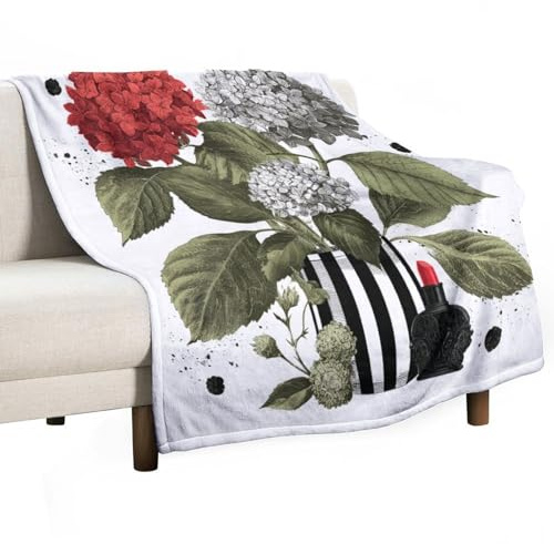 Hydrangea Vase Cozy Flannel Throw Blanket 30×50, Floral Plants Lipstick Watercolor Lightweight Blankets for Couch, Bed & Sofa, All Season Soft Fleece Blanket for Travel, Office