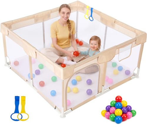 Dripex Baby Playpen, Sturdy Playpens for Baby and Toddlers, Portable Kids Play Pen Babies and Toddlers with Breathable Mesh & Pull-up Rings,Compact Small Playpen and Babies Fence Indoor Outdoor(Beige)