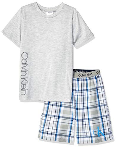 Calvin Klein Kids Boys' Short Sleeve T-Shirt and Shorts Pajama 2-piece Set, Heather Grey/Ck Cloud Plaid, Large