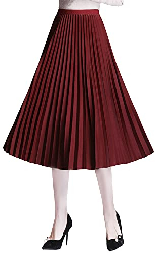 Camilife Damen Mädchen Plisseerock Midirock Damenrock in Mittlere Länge Silberfaser-Stricktuch Faltenrock Elastischer Bund für Frühling Herbst Rocklänge 75cm - Einfarbig Bordeaux