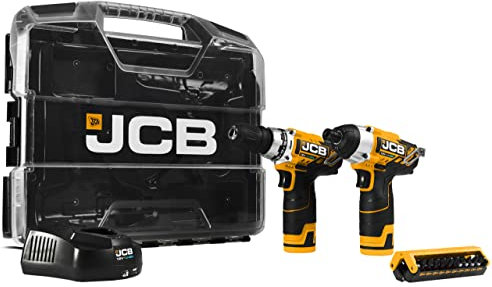 JCB 12V 2.0Ah Twin Pack W-Box Cordless Combi Drill and Impact Driver with 2x2.0Ah Batteries, Fast Charger, Variable Speed & LED Light in Power Tool Case, 3 Year Warranty