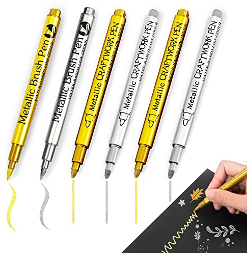 Gold Silber Metallic Stifte Marker 6 Stück Goldstift Silberstift Metallic Dünn & Fein Acrylstifte Permanent für Steine Holz Glas
