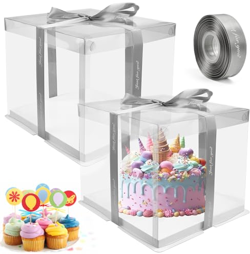 LPAMABA 2 Stücke 26x26x24cm Tortenschachtel Transparent Tortenkarton Tortenbox Durchsichtig Cake Box Dessert Box Kuchenbox Kuchenbehälter Transparent Geschenkbox Kunststoff 45m Seifenband Geburtstag