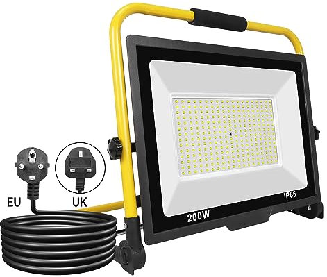 PICAA Folding 200W LED Work Light, Portable 6500K White Led Floodlight Outdoor Indoor Job Site Light Loft Light for Workshop Car Repairing Garage, 3 Meters Wire UK Plug IP66