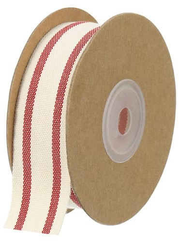 QUARKZMAN Natural Algodón Rayas Cinta 2,5 cm x 9,1m Algodón Tela Cinta Rollo Natural con Rojo Grosgrain Cinta para Regalos Envoltura DIY Manualidades Lazos Fabricación Decoración