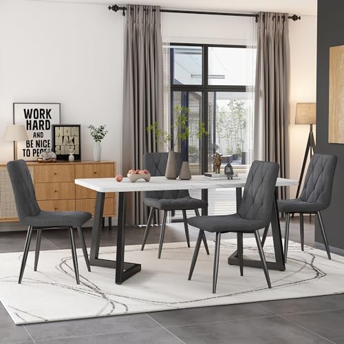 Matgrupp 5 delar: matbord (117 x 68 cm) med 4 linnestolar, marmorutseende och metallben – modernt köksset för matsal, mörkgrå/vit, rektangulär