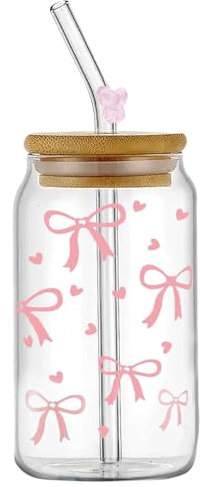 Vaso de Vidrio con Tapa y Pajitas,ESYFOR Tazas de Café de Cristal 16 oz Vasos de Cóctel Reutilizable Diseño de lazo Elegante Tazas de Café pare Café, Batidos, Jugo