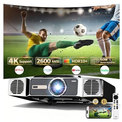 Proyector 4K Inteligente, Proyector 4K 2500 ANSI Exterior/jardín/Cine en casa, 1080P Nativo HDMI con Soporte eléctrico Oculto, Auto Focus/Keystone, WiFi 6, Bluetooth, 300 IMAX Mejorado