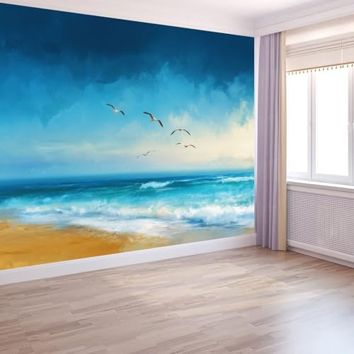 WTD - Carta da parati fotografica con paesaggio marino con spiaggia naturale, 250 x 175 cm, sfondo TV grande, in tessuto non tessuto, per soggiorno, camera da letto, decorazione murale