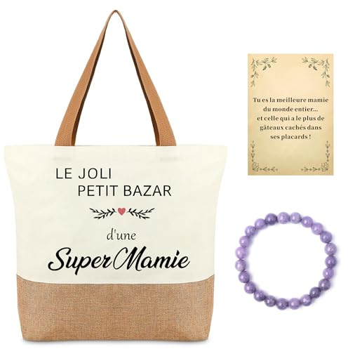Dreaku Cadeau Mamie Tote Bag Et Bracelet Femme, Sac Cabas En Toile De Jute Écologique, Bracelet En Pierre Naturelle, Idée Cadeau Fête Des Grandes Mères, Anniversaire Ou Noël