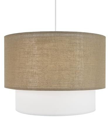 Sulion - Lámpara Colgante BELA de Techo con Doble Pantalla Cilíndrica de Textil Natural y Tela Blanca | Lámpara de Techo Decorativa | Casquillo E27 40W Máx | IP20
