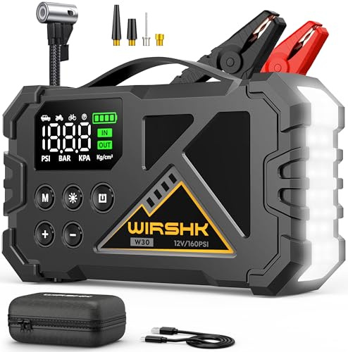 WIRSHK Avviatore Batteria Auto 9000A con Compressore Aria 160PSI,Jump Starter 12V per All Gas or 10.0L Diesel,Display LCD Multifunzione con Visualizzazione Precisa,LED