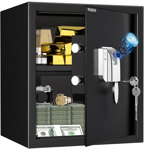 WASJOYE 43L Caja Fuerte para Huellas Dactilares, Biométrico Caja de Seguridad Convencionale para el Hogar con Llave, Electrónica Automática con Identificación de Dedos para la Oficina Hotel-40*35*31cm
