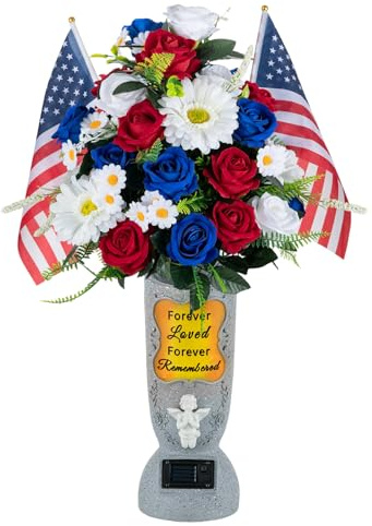 Memobloom Solar Angel Vase & Patriotic Memorial Bundle - 1pc LED Angel Grave Vase with Spikes & 1pc Large Rose Bouquet with Flags