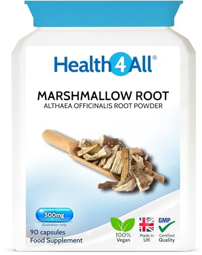 Health4All Marshmallow Root 500mg per Capsule, 90 Capsules, Digestive & Resporatory Health Supplement Soothing Relief, Purest Vegan Natural Althea Officinalis Supplement | Made in UK
