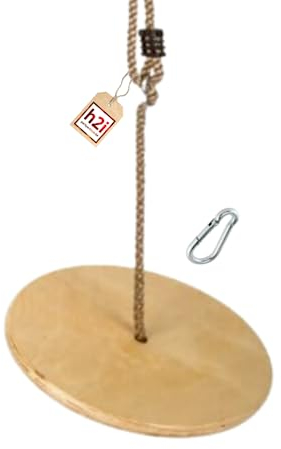 h2i Tellerschaukel aus wetterfestem Holz | Robustes Design & anpassbare Schaukelhöhe | Kinderschaukel mit Halteseil & Karabiner l Schaukel für Outdoor & Indoor