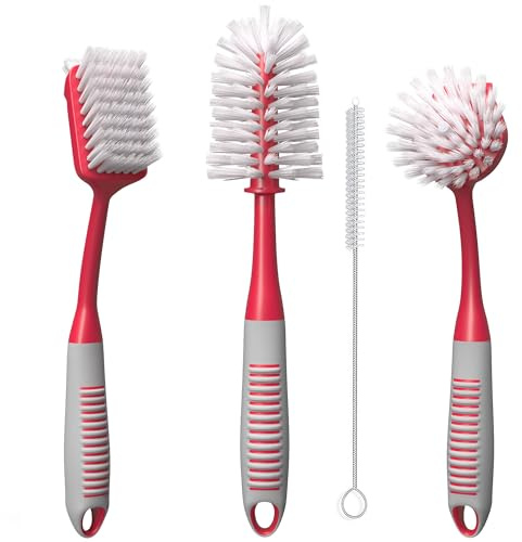 Dish Brush Set of 4 - Kitchen Scrub Brushes with Non-Slip Long Handle for Cleaning, Scrubber, Dishwashing, Dishes, Bottles, Straws, Cups, Pots & Sink, Red