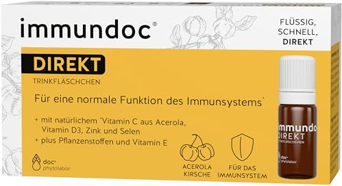 immundoc DIREKT Trinkfläschchen, Immunsystem im Handumdrehen, 12 Stück à 9ml, Nahrungsergänzungsmittel mit natürlichem Vitamin C aus Acerola, Vitamin D3, E, Zink und Selen
