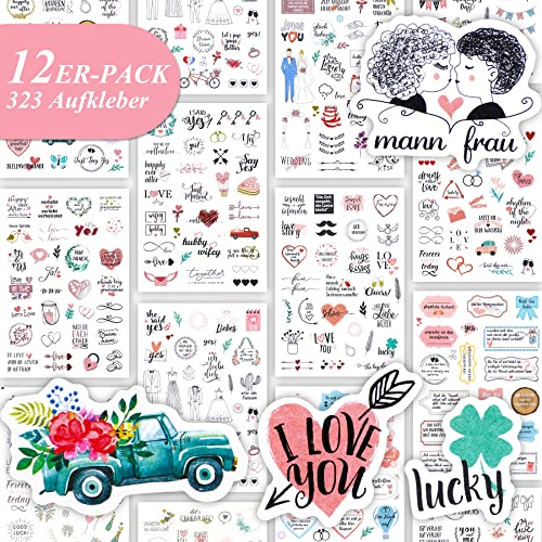 SEPGLITTER 323 Stück Motive Hochzeit Gästebuch Sticker, 12 Bögen Vintage Hochzeit Gästebuch Aufkleber Herz Hochzeitssticker Aufkleber für Hochzeitsdeko Fotoalbum Karte Geschenke