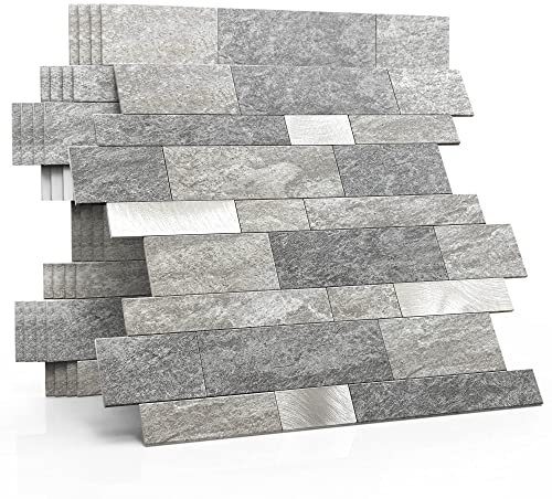 M MOFIT 3d Selbstklebende Wandfliesen Küche,Matte Marmor Mosaikfliesen Selbstklebend Steinoptik Metro Fliesen Ziegel Wandaufkleber Bad Wasserdichte(5 Matten,Grau）