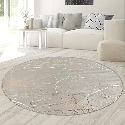 Teppich-Traum Designer Teppich Flur Wohn- & Schlafzimmer abstraktes Ästemuster Gold Größe 200 cm rund