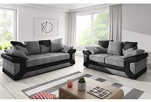Furnishings For Less UK New Large Dino Fabric and Leather sofa Suite Black and Grey 3 and 2 Seater Scatter Back (Black and Grey, Sofa Suite (3 + 2))