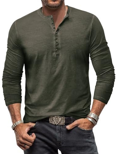 YawYews Mens Long Sleeve Tops Henley T Shirt for Men Cotton Casual Grandad Vintage T Shirts Tee with Buttons Green XL