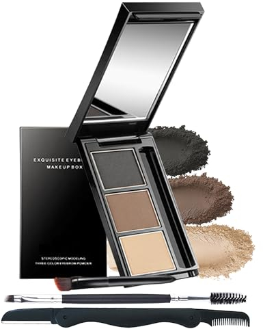 Palette de poudre à sourcils 3 couleurs teintée - Durable et imperméable - Série gris marron - Avec pinceau à sourcils et miroir - Pour femme - Remplissage et sculpture des sourcils - Set 03