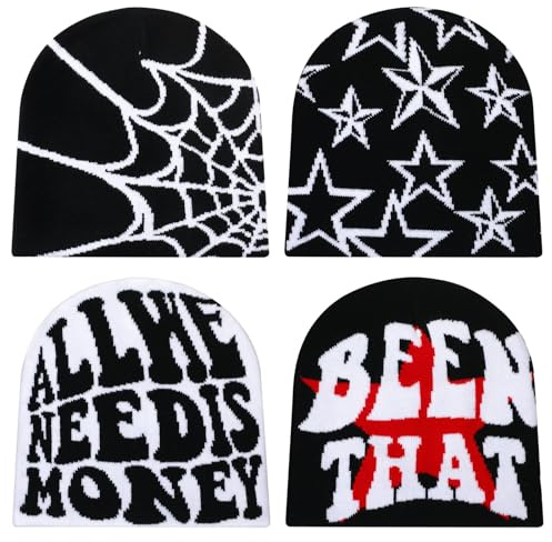 Ramede 4 Pcs Y2k Beanie - Double Sided Graphic Beanies for Men and Women, Acrylic Knitted Y2k Hats Accessories(Knitting,Multiple)