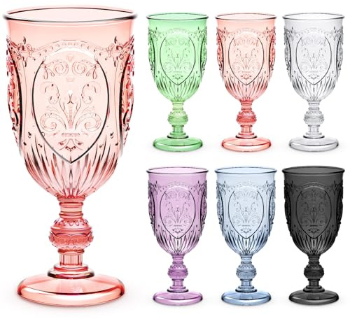Wiwiqing 6 Pcs Plastic Goblets 7.5oz Vintage Goblet Plastic Wine Glasses Colored Retro Embossed Water Goblets for Wine Bar Juice Baby Shower Wedding Reception Grand Event Party (Multicolor)