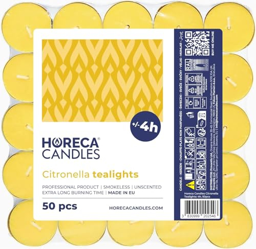 Horeca Candles - Bougies Chauffe-plat Citronnelle - Lot de 50 Bougies Parfumées - Durée de Combustion 4 Heures - Jaune - Pour l'Extérieur, Balcon, Pique-nique, Camping