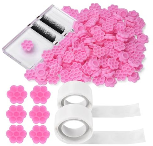 BAMTTOO 100pcs Lash Glue Flower Cup with Tape Lash Extension Glue Ring Eyebrow Tattoo Glue Holder Crystal Eyelash Glue Pallet False Lash Glue Holder for Women Girls Eyelash Extension Supply